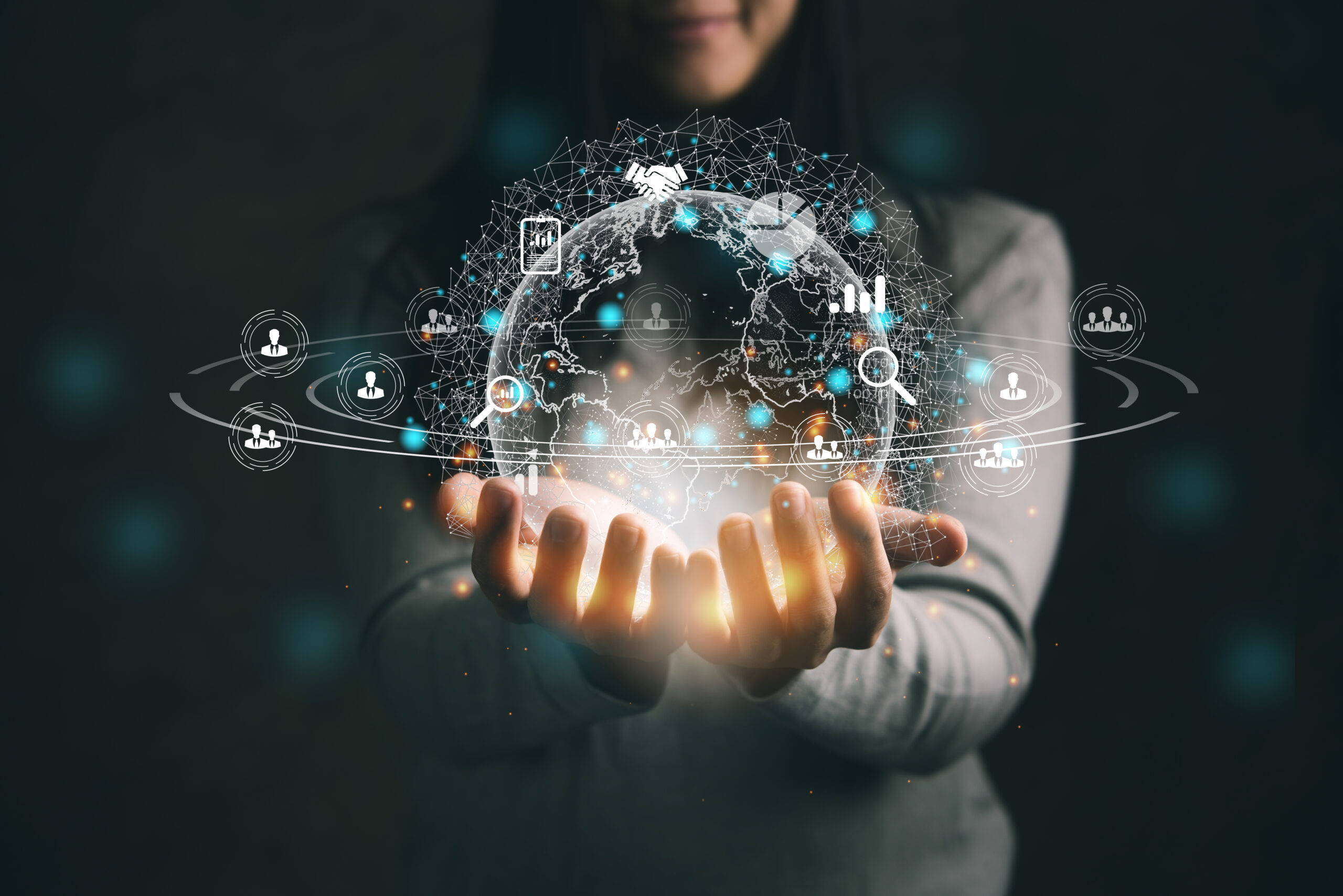 Woman holding global network